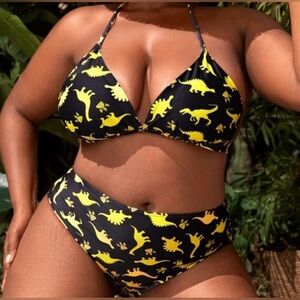 NEW Plus Size Dinosaur Print Halter Triangle High Waist Bikini Set Summer